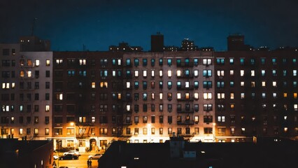 Fototapeta premium Urban Night Scene with Illuminated Windows in City Block