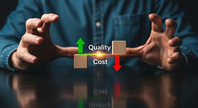 Balancing quality and cost with rising quality and falling cost shown by arrows and wooden blocks, representing business strategy and decision making.