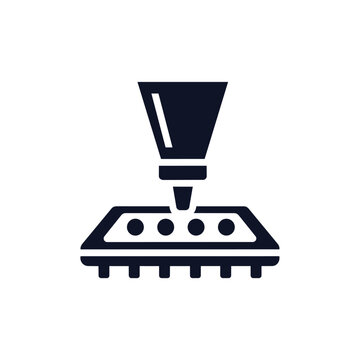 A dark blue icon of an extruder head depositing material onto a build plate with four circular.