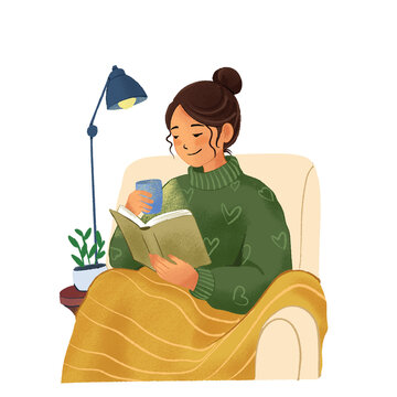 Woman Reading Book Illustration, Cozy Lifestyle Concept, Relaxing Time at Home, Knowledge and Leisure Activity, Calm and Peaceful Moment