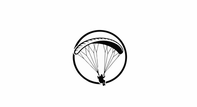 Silhouette of a paraglider suspended under a parachute within a circular border