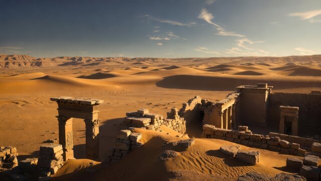 Ancient desert ruins with sand dunes and dramatic sky, symbolizing lost civilizations and time