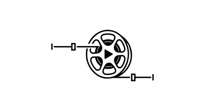 Black and white minimalist icon of a film reel with a play button