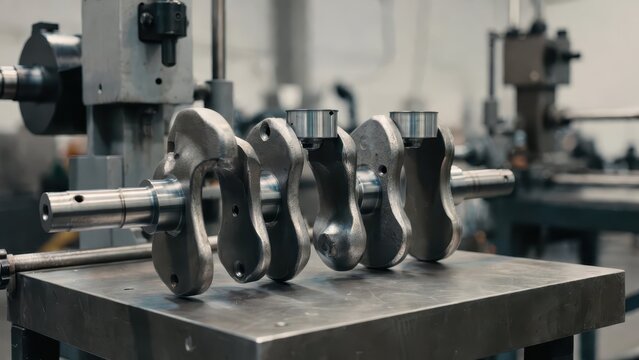 Precision machined crankshaft on a metal workbench in a factory setting, automotive parts