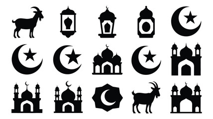 Eid al adha icons set with mosque silhouettes crescent moons stars goats and lanterns on white background © PRITOM
