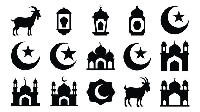 Eid al adha icons set with mosque silhouettes crescent moons stars goats and lanterns on white background
