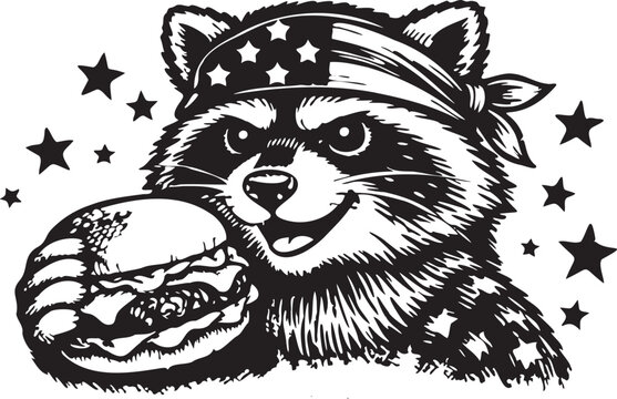patriotic raccon with hamburger and usa flag-colored bandana