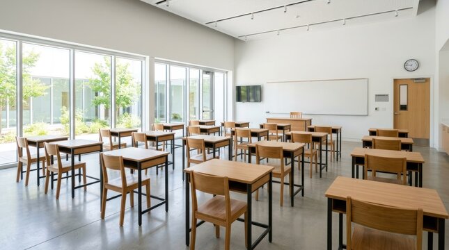 A classroom with desks and chairs, a whiteboard, and a clock on the wall.