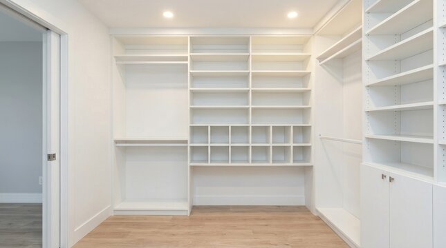 A spacious, minimalist walk-in closet with white shelves and a wooden floor.