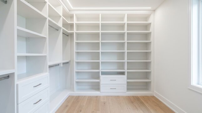 A spacious, minimalist walk-in closet with white shelves and drawers, featuring a clean, modern design.