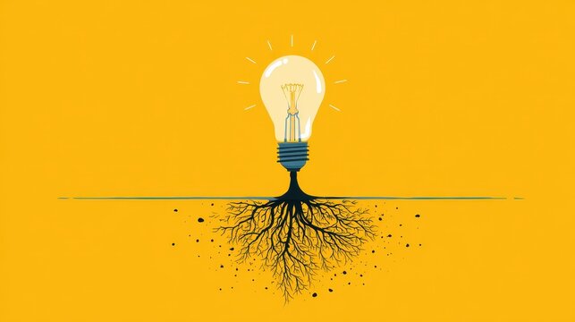 Bright light bulb with roots, ideas taking root and growing, flat design illustration.