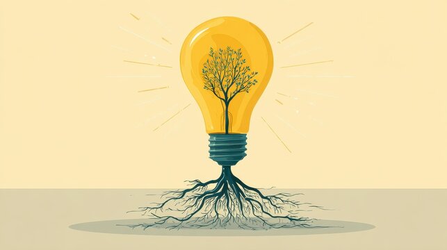 Bright light bulb with roots, ideas taking root and growing, flat design illustration.