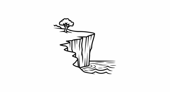 Stark black outline depicts a solitary tree atop a sheer cliff overlooking calm water