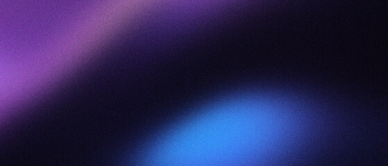 Fototapeta premium Abstract grainy gradient background with purple and blue light leaks, dark cinematic texture with soft neon glow, atmospheric blurry backdrop for modern digital art and creative web design.