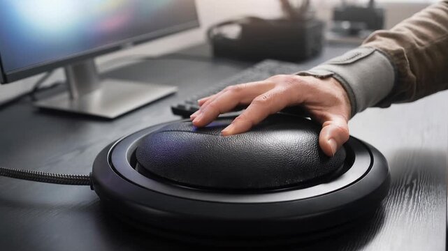 Close-up Of A Hand Operating A Large, Domed Ergonomic Computer Mouse On A Desk Next To A Monitor