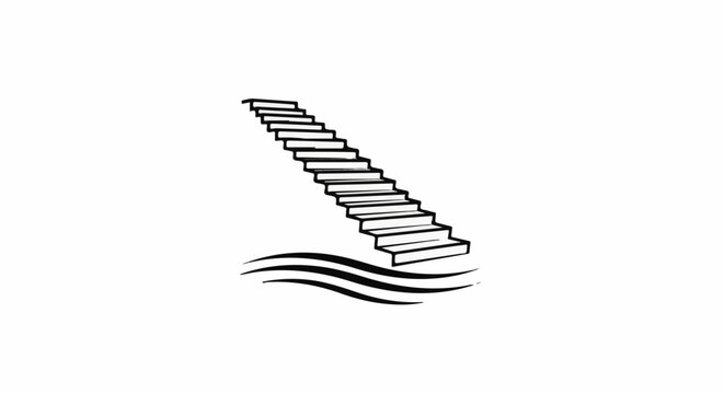 Black and white sketch of stairs ascending from wavy lines on a white background