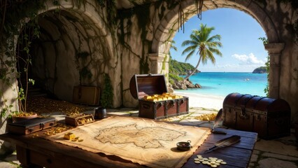 Obraz premium Treasure Map and Chests on Table near Tropical Beach Landscape