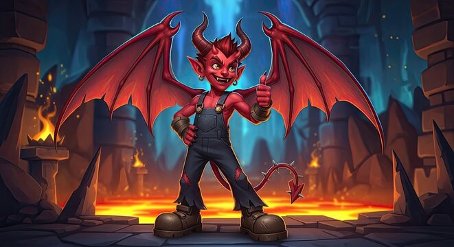 Cute Little Devil Giving Thumbs Up in Fiery Lair