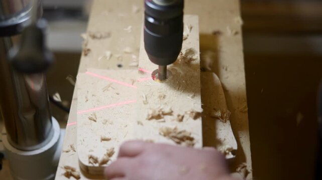 Meticulously Positioning Drill Bits Using Laser Indications To Achieve Precise Holes In Timber Panels. Media