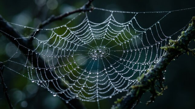 Delicate beauty of a spider web glistening in morning dew in the forest