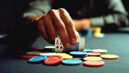 Fototapeta premium Hand Reaches for Cards and Chips in a Dramatic Poker Scene