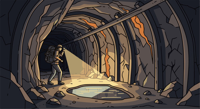 Person with backpack and flashlight explores dark, rocky mine tunnel