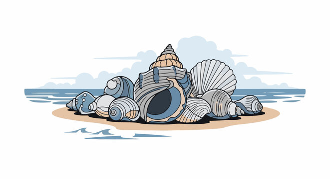 Pile of diverse seashells rests on sandy beach with gentle waves under cloudy sky