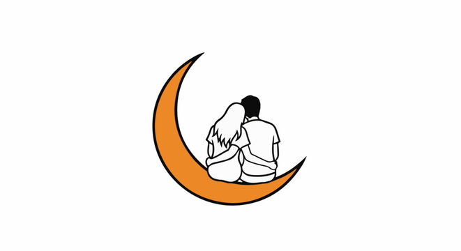 Couple embraces on crescent moon, looking into distance