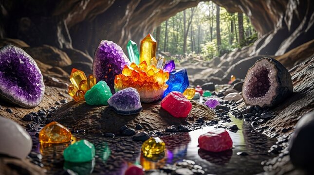 A vibrant collection of colorful crystals and gemstones inside a dimly lit cave with sunlight streaming through the entrance.