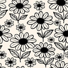 Seamless daisy flower pattern with black and white hand drawn botanical line art on neutral background, minimal floral design for textile fabric wallpaper wrapping paper. © Sommai