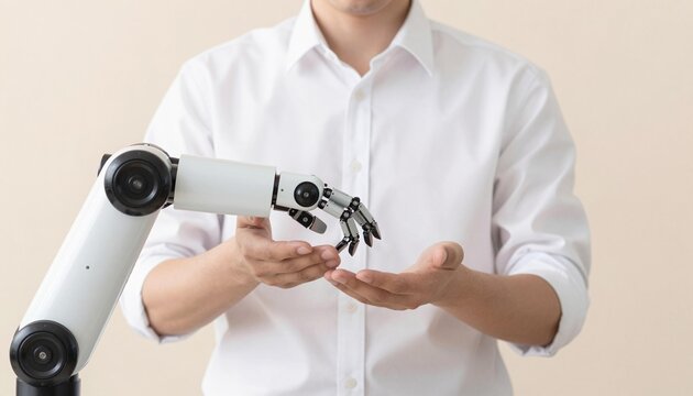 Person and robotic arm interacting, showing a bionic hand and human-robot collaboration concept