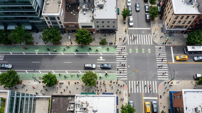 Aerial View of a Bustling City Intersection with Bike Lanes and Pedestrians in a Vibrant Urban Setting