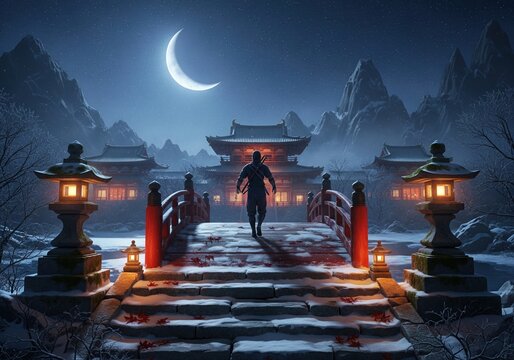 Ninja warrior walking on traditional bridge towards japanese temple under crescent moon at night