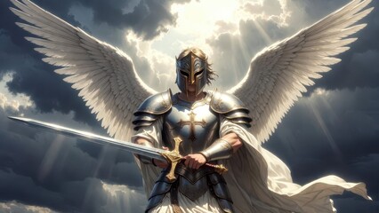 Obraz premium Angelic Warrior with Sword and Armor Against Dramatic Sky Background