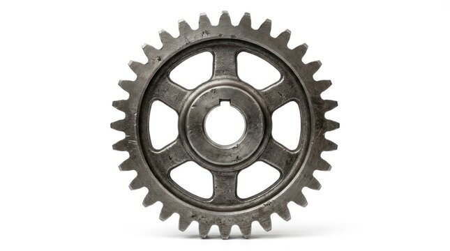 A metallic gear with a black and silver finish, featuring a central hub with multiple teeth and a circular pattern, set against a plain white background.