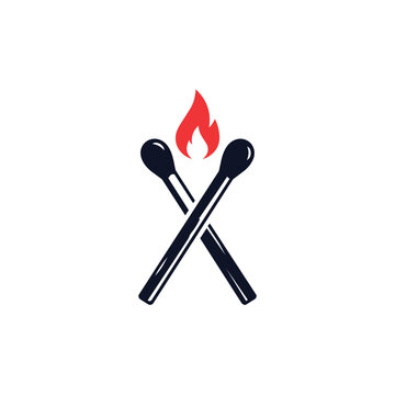 Two crossed black matches with a red flame on top, on a white background.
