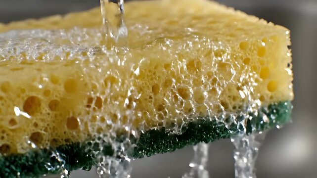 Close up of water pouring onto a yellow sponge with green scrubby side.