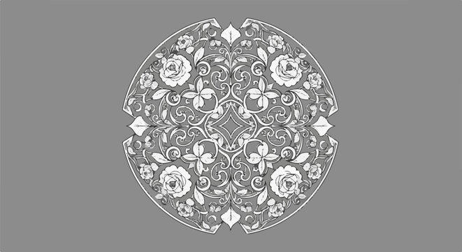 Intricate floral mandala pattern with roses and scrolling leaves