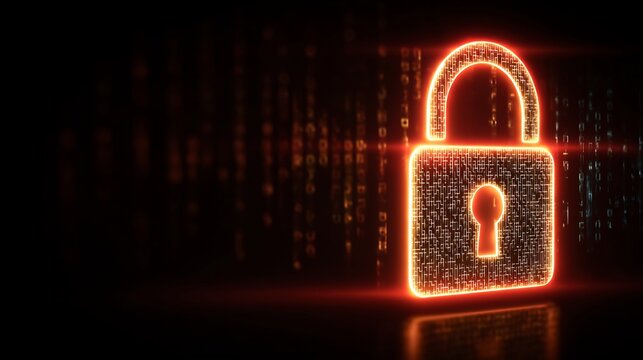 Encrypted digital padlock concept with glowing code cascading for enhanced data security
