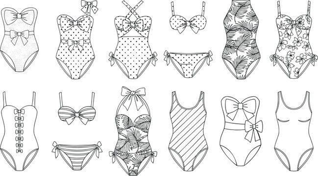 Set of fashionable women's swimwear featuring various styles, patterns, and designs including one-piece, bikini, halter, and floral prints.