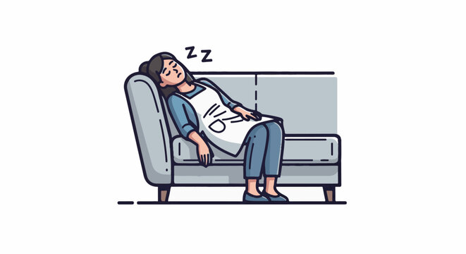 Person in apron resting on couch with 'ZZZ' overhead