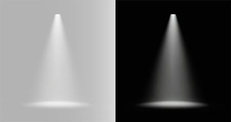 Spotlight illumination with single vertical white beam and soft realistic studio light effect with oval floor reflection and glowing halo for product presentation or exhibition gallery showcase png © theladydarina