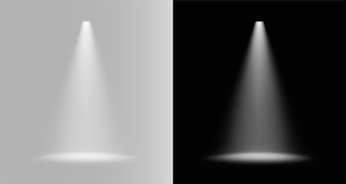 Spotlight illumination with single vertical white beam and soft realistic studio light effect with oval floor reflection and glowing halo for product presentation or exhibition gallery showcase png