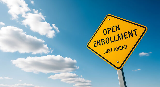 Yellow open enrollment just ahead sign warns of upcoming registration period on a clear day