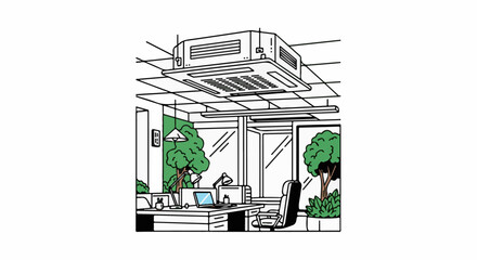 Naklejka premium Office interior with desk, laptop, chair, ceiling AC, and window view of trees