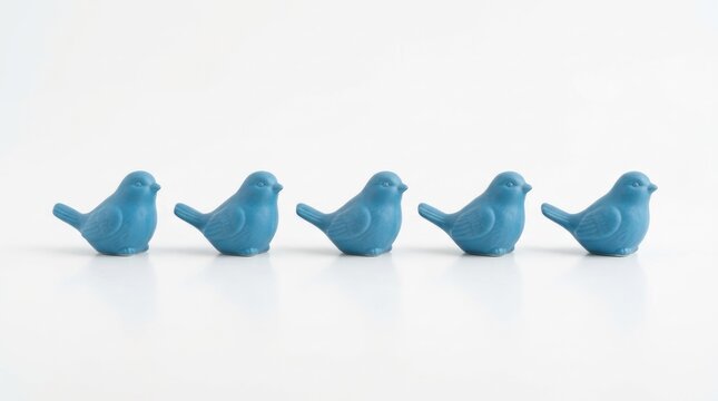 Five blue birds in a row on a white background.