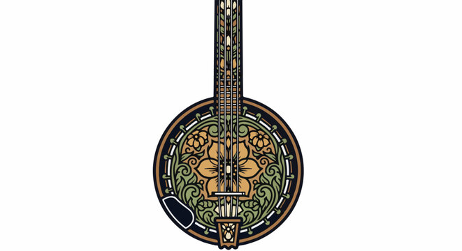 Ornate banjo with floral patterns in green, gold, and dark blue hues