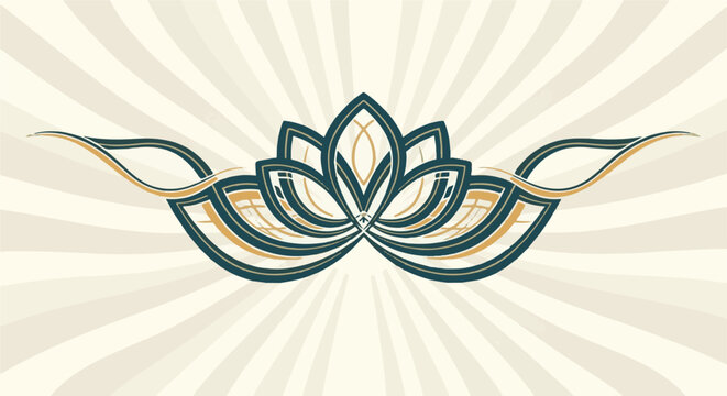 Intricate, stylized floral design with swirling golden and teal lines on a radiating cream background