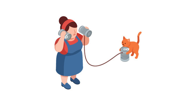 Woman and Cat Communicate Using Tin Can Telephone, Playful Concept.
