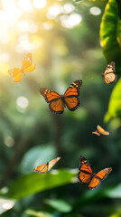 Fototapeta premium Multiple monarch butterflies with vibrant orange wings fluttering in dappled sunlight, creating a magical atmosphere in a lush green forest setting